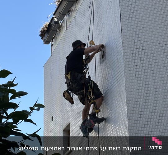 אדם מטפס על קיר עם ציוד בטיחות להסרת יונים